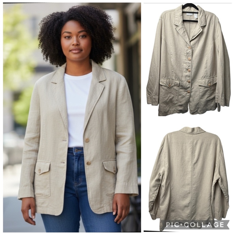 Linen Blazer VTG Liz Claiborne 5 Button SZ 18 /XL Beige Preppy Office Fisherman